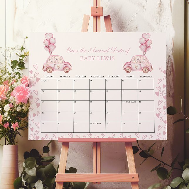 Póster Baby Due Date Calender Juego Baby Shower Pink Hear (Baby Shower Guess the Date Calendar Poster - available printed or digital - by Darling & May)