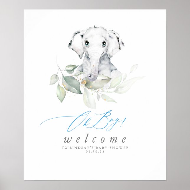 Póster Baby Elephant Baby Shower Oh Boy Welcome (Frente)