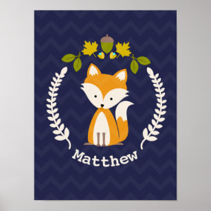 Póster Baby Fox Wreath Personalized Nursery Artwork - Boy