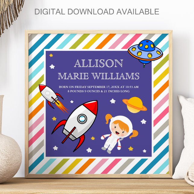Póster Baby Girl Astronaut Outer Space Rocket Birth Stats (Subido por el creador)