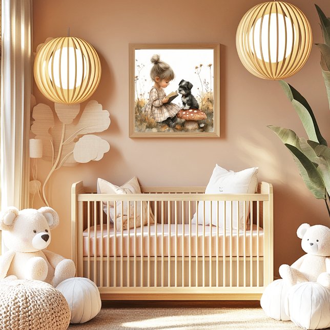 Póster Baby Girl Reading black White Puppy Red Mushroom  (Subido por el creador)