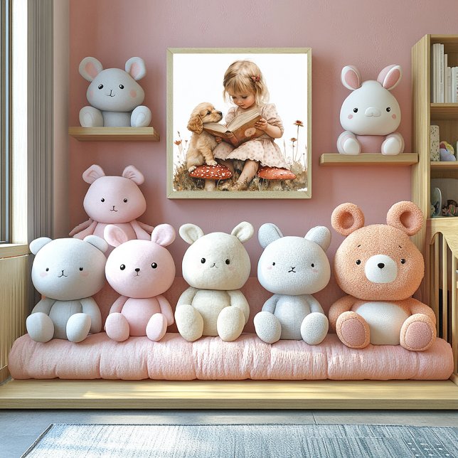 Póster Baby Girl Reading Tan Puppy Red Mushroom  (Subido por el creador)