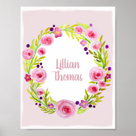 Póster Baby Girl Watercolor Flower Wreath & Name Nursery