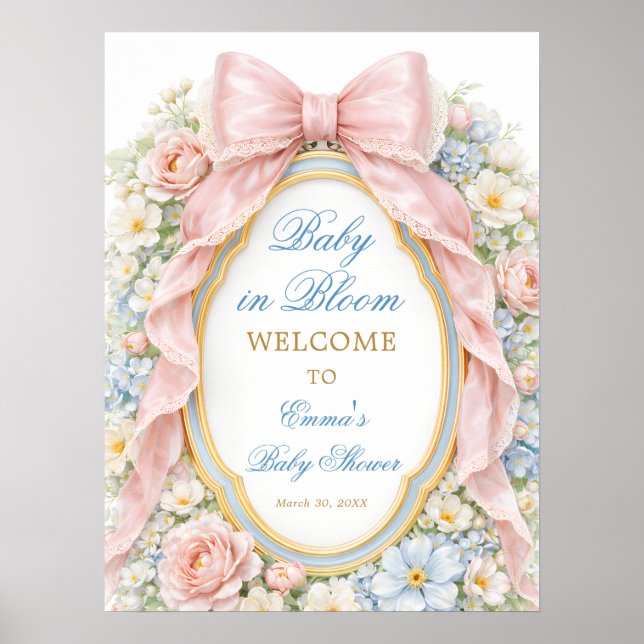 Póster Baby in Bloom Floral Pink Bow Baby Shower Welcome (Frente)