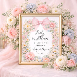Póster Baby in Bloom Pink Bow Floral Baby Shower Welcome