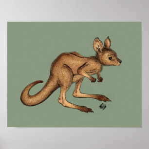 Póster Baby Kangaroo/ Joey en el fondo verde