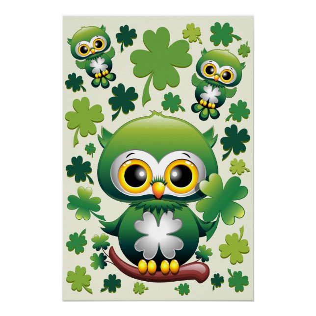 Póster Baby Owl Cute St Patrick Cartoon (Anverso)