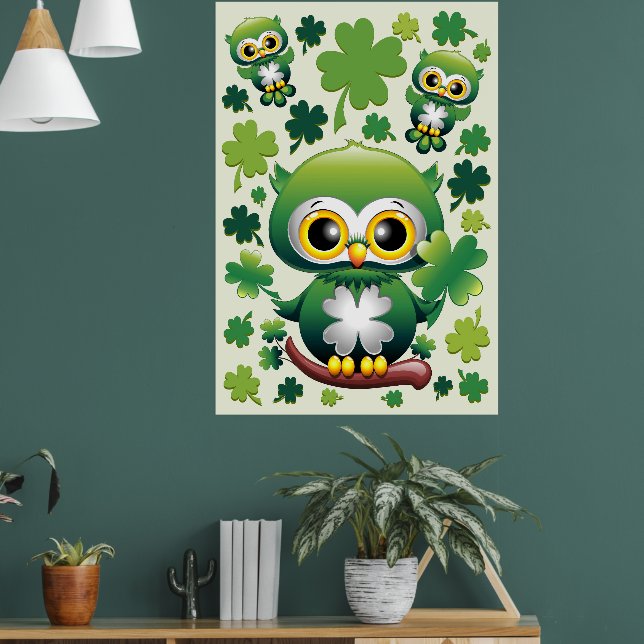 Póster Baby Owl Cute St Patrick Cartoon (Salón 1)