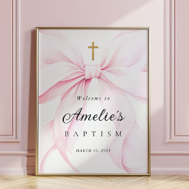 Póster Baby Pink Bow Girl Baptism Welcome Poster