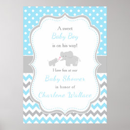 Póster Baby Shower azul elefante y gris