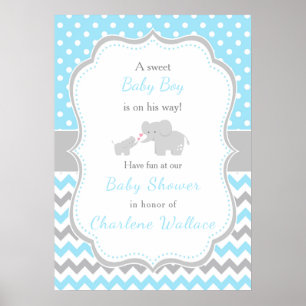 Póster Baby Shower azul elefante y gris