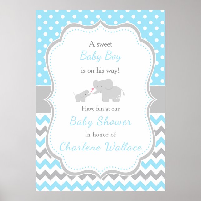 Póster Baby Shower azul elefante y gris (Frente)