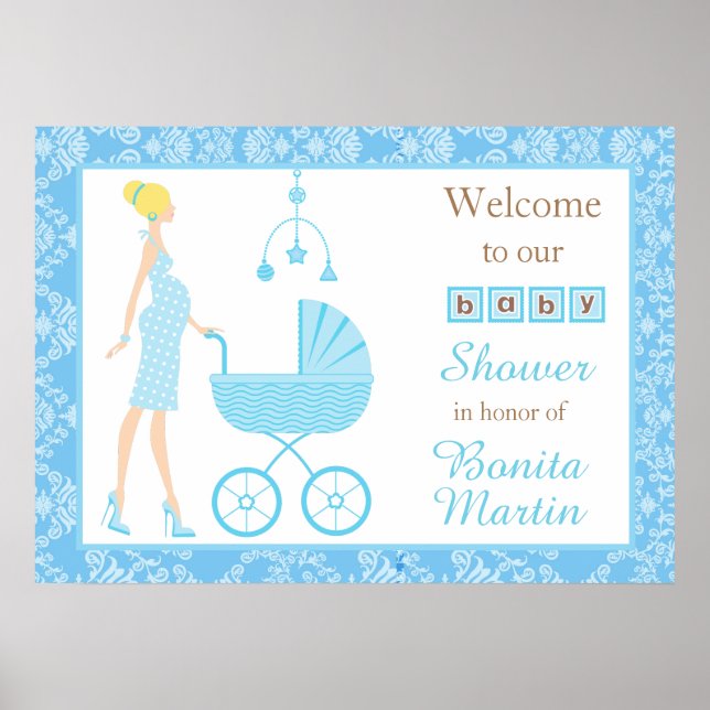 Póster Baby Shower Blue Damask Blonde Boy (Frente)