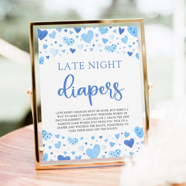 Póster Baby Shower Blue Valentine Late Night Diapers (Watercolor Cute Blue Hearts Valentine Sweetheart Baby Boy Late Night Diapers Baby Shower Game Sign)