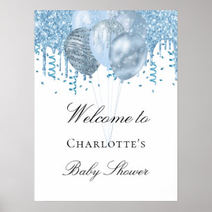 Póster Baby Shower boy light blue white glitter balloons