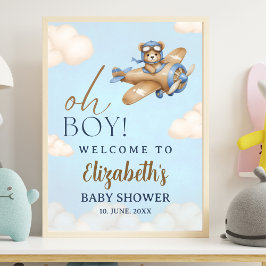 Póster Baby Shower Boy with Adorable Pilot Teddy Bear