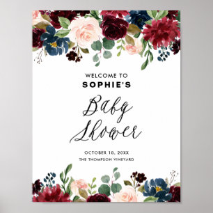 Póster Baby Shower Burgundy y Blue Floral Garland