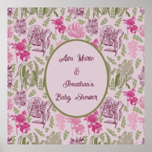 Póster Baby Shower Chica de Eucalyptus Peony Botánico