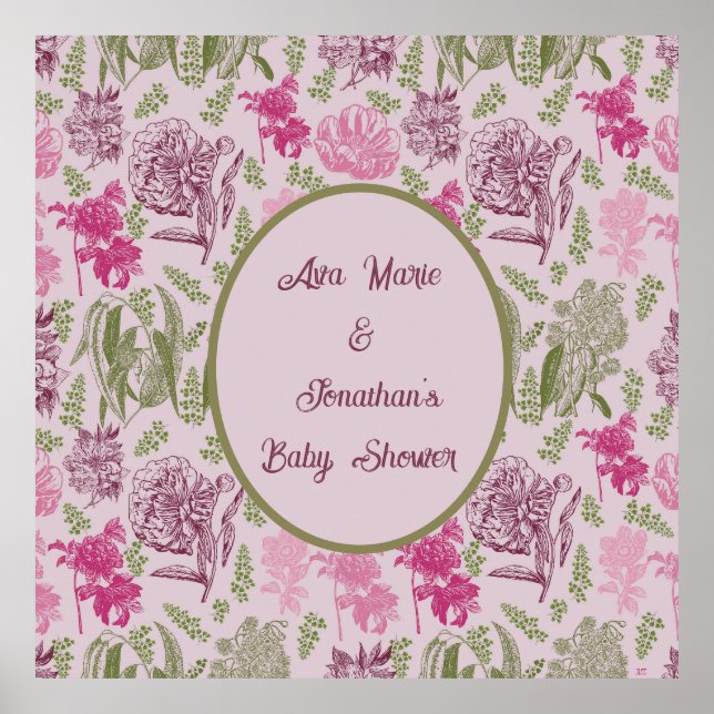 Póster Baby Shower Chica de Eucalyptus Peony Botánico (Frente)