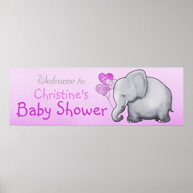 Póster Baby Shower Chica Elefante de Globos Rosados (Frente)