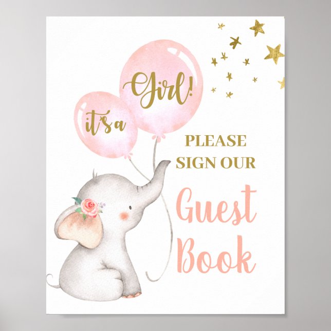 Póster Baby Shower Chica Elephant Guest Book (Frente)