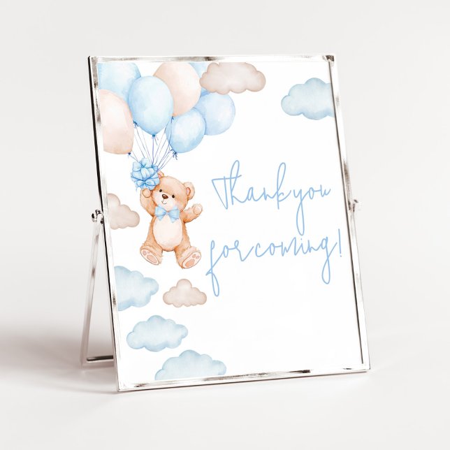 Póster Baby Shower con globo de oso azul gracias por veni (Blue Baby Bear Balloon Baby Shower Thank you for Coming Sign)