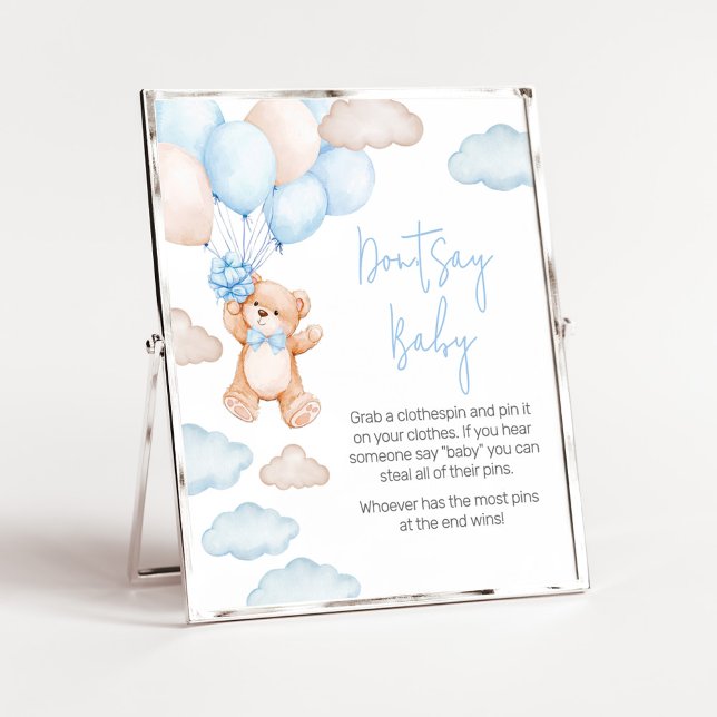 Póster Baby Shower con globo de oso azul no dice bebé (Blue Baby Bear Balloon Baby Shower Don't Say Baby Sign)