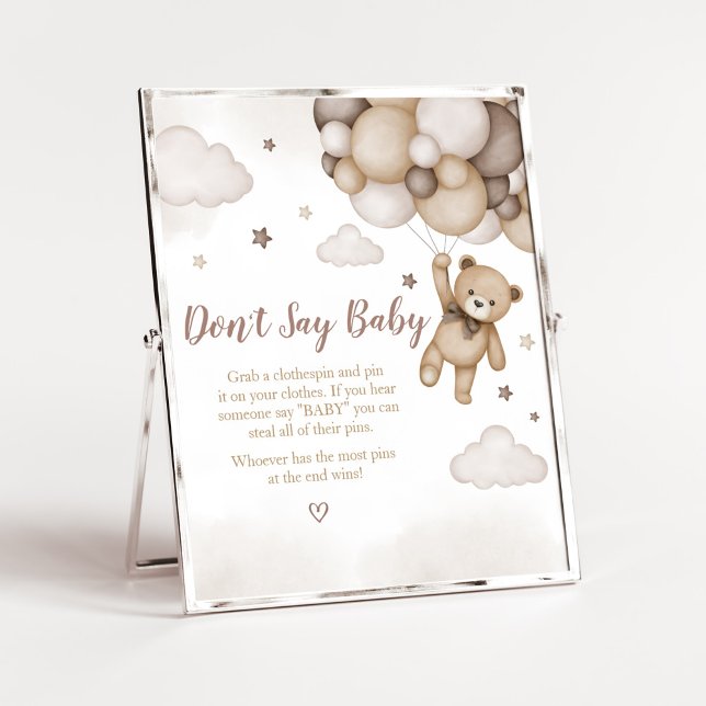 Póster Baby Shower con globo de oso marrón no dice bebé (Brown Boho Bear Baby Shower  Don't Say Baby Sign)