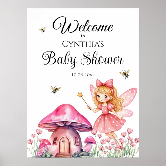 Póster Baby Shower Cute Pink Fairy Mushrooms (Frente)