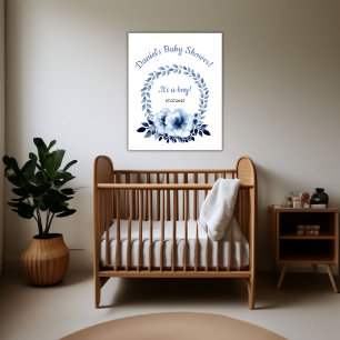 Póster Baby Shower de agua de flores azules y suaves