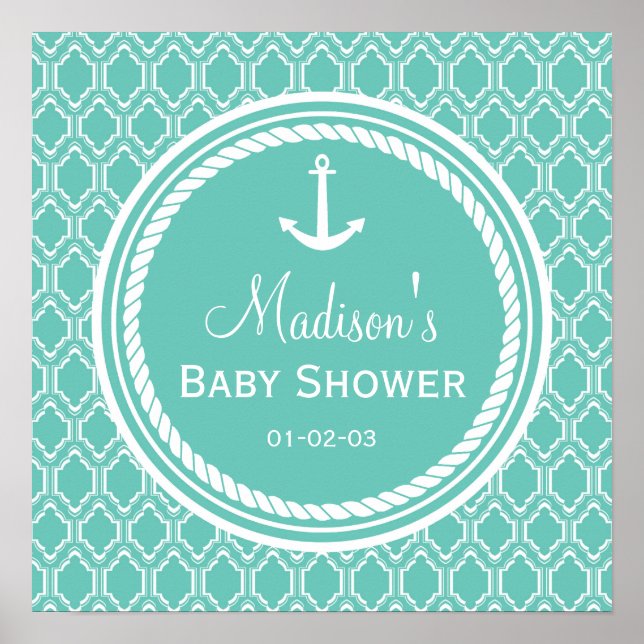 Póster Baby Shower de ancla náutica Aqua Turquoise Retro (Frente)