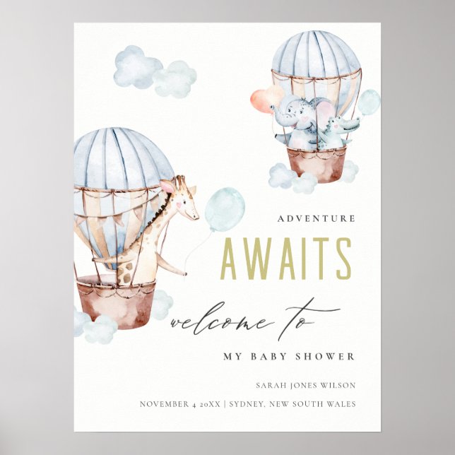 Póster Baby Shower de animales azulados de globo aerostát (Frente)