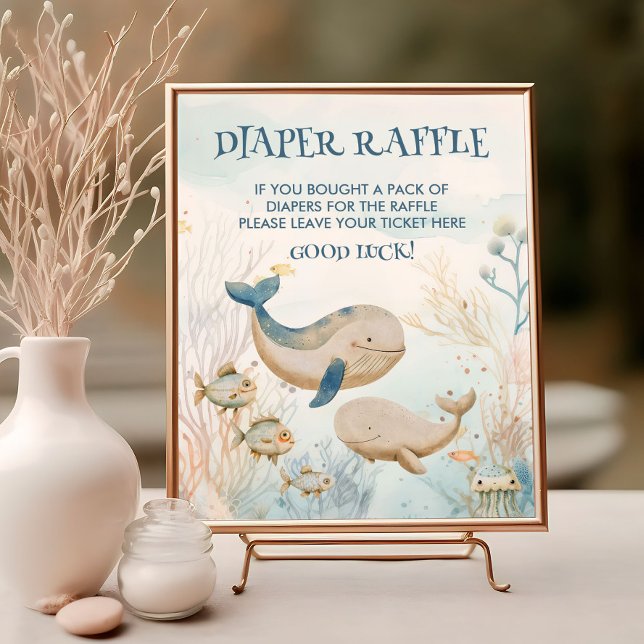 Póster Baby Shower de ballena bajo el Rótulo del pañal ma (Diaper Raffle sign from the Whale Baby Shower Collection by Darling & May)