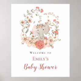 Póster Baby Shower de bienvenida de Elephant Foliage Peac