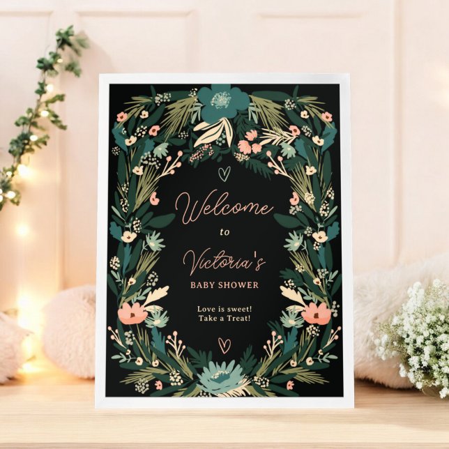 Póster Baby Shower De Bienvenida De Flora Verde Rosa (Whimsical Green Pink Floral Welcome Baby Shower Poster)