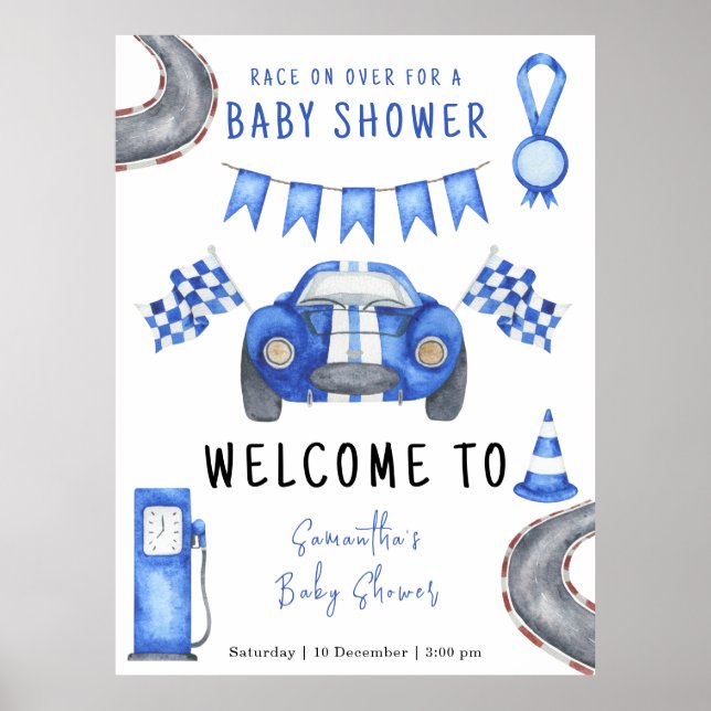 Póster Baby Shower de bienvenida de Race Car (Frente)