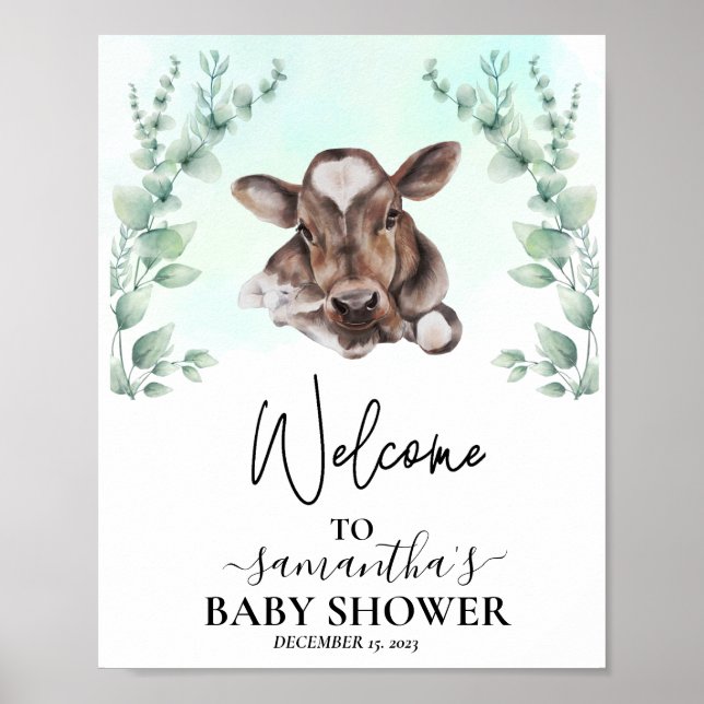 Póster Baby Shower de bienvenida Eucalyptus Cow Calf (Frente)