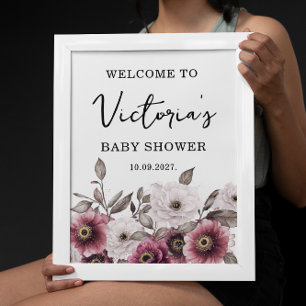 Póster Baby Shower de bienvenida Floral de ciruela blanca