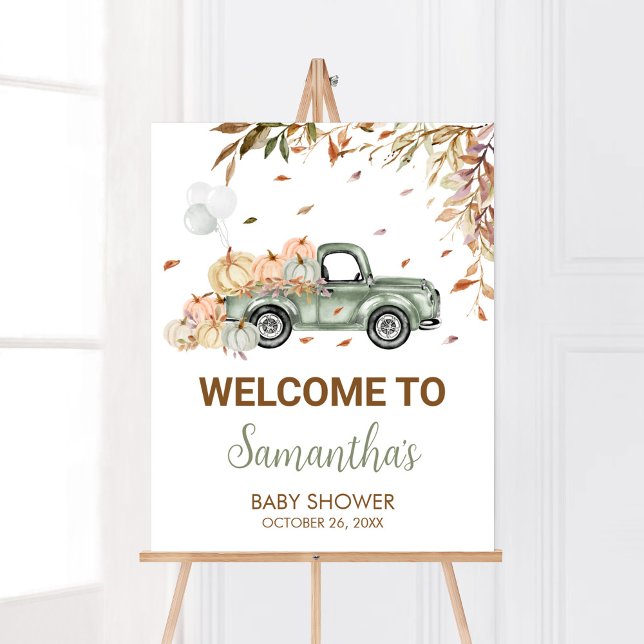 Póster Baby Shower de bienvenida para calabaza de camión  (Little Pumpkin Green Truck Baby Shower Welcome Sign)