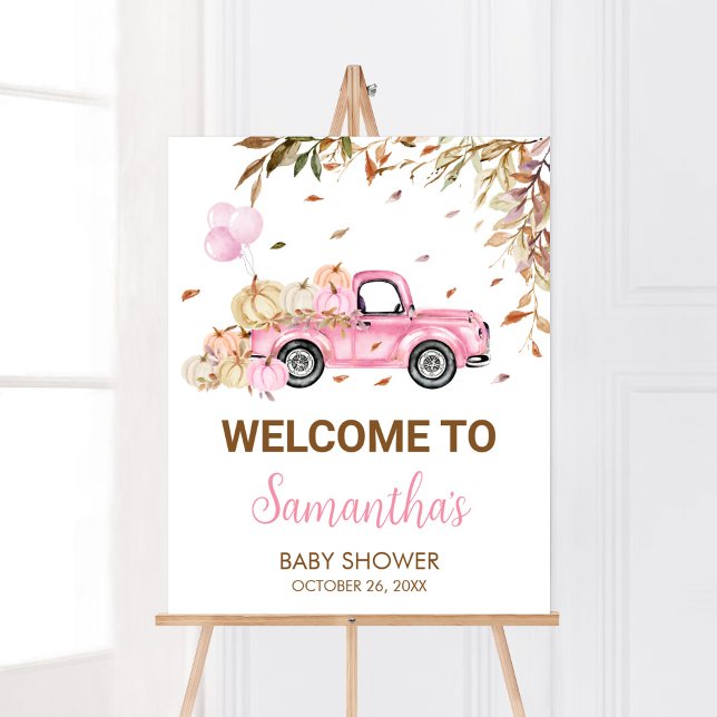 Póster Baby Shower de bienvenida para el camión de calaba (Little Pumpkin Pink Truck Baby Shower Welcome Sign)