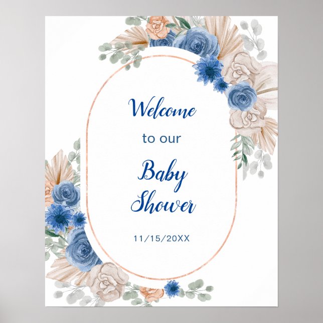 Póster Baby Shower de Boho Blue Pampas (Frente)