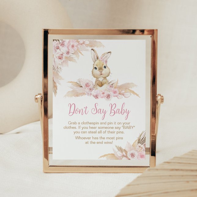 Póster Baby Shower de conejito rosado boho no dice bebé (Pampas Grass Girl Bunny Baby Shower Don't Say Baby Sign)