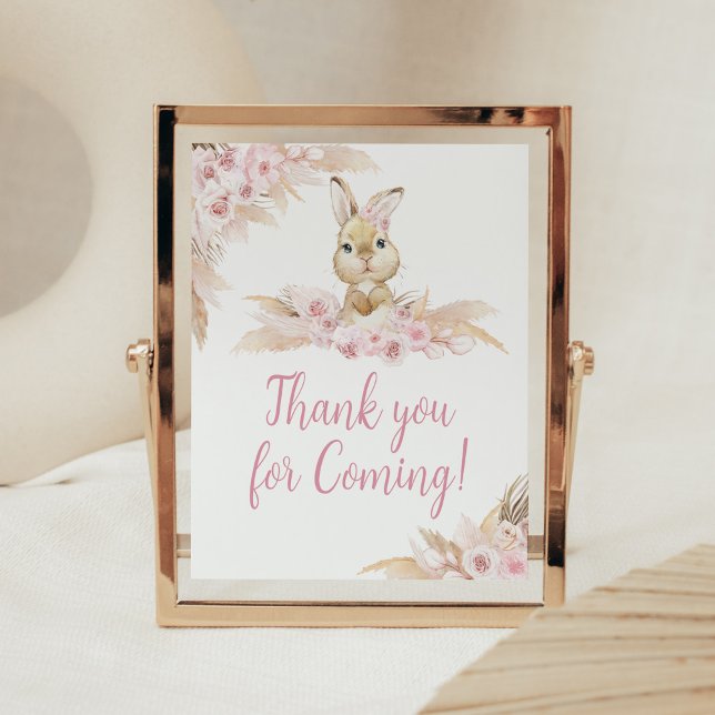 Póster Baby Shower de conejo rosado de Boho gracias por v (Pampas Grass Girl Bunny Baby Shower Thank you for Coming Sign)