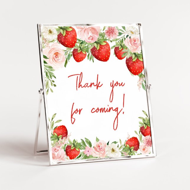Póster Baby Shower de fresa Gracias por venir (Pink Floral Strawberry Baby Shower Thank you for Coming Sign)