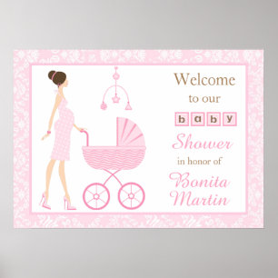 Póster Baby Shower de la mujer de la Brunette de Damask r