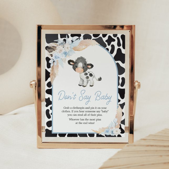 Póster Baby Shower de la vaca azul del Boho Highland no d (Bohemian Floral Farm Baby Shower Don't Say Baby Sign)