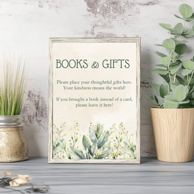 Póster Baby Shower De Libros Y Regalos De Eucalipto Verde (Subido por el creador)