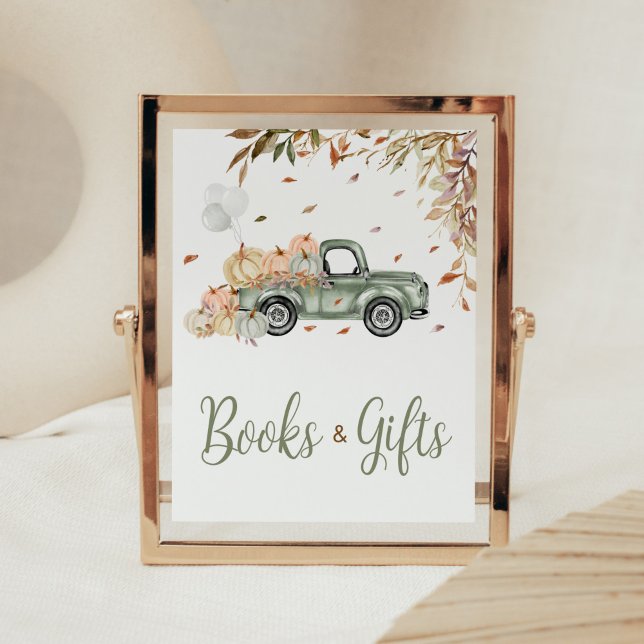 Póster Baby Shower de libros y regalos para calabaza de c (Little Pumpkin Green Truck Baby Shower Books and Gifts Sign)