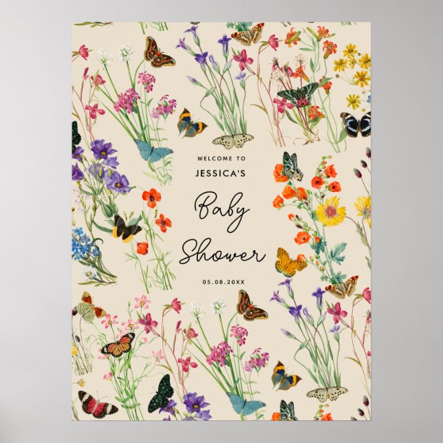 Póster Baby Shower de mariposas acuarela Wildflowers (Frente)