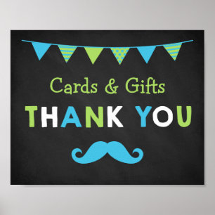 Póster Baby Shower de pizarrón azul y verde bigote